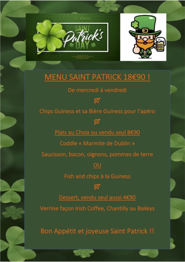 Menu de la Saint Patrick du 17 au 19 mars La Concentr