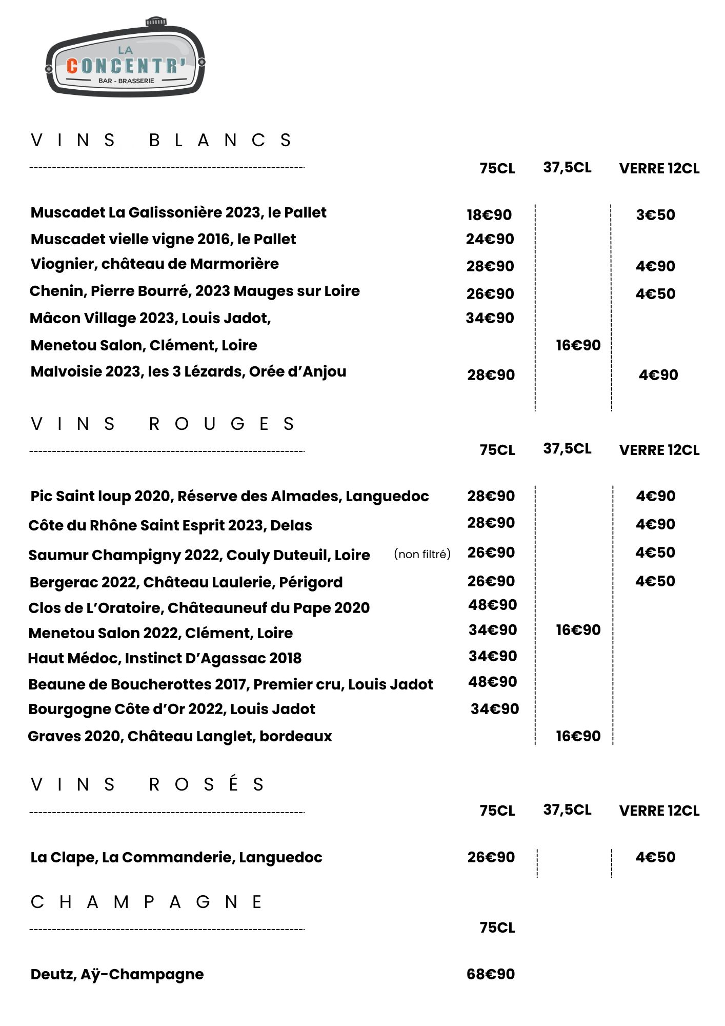 Carte des vins hiver 2025